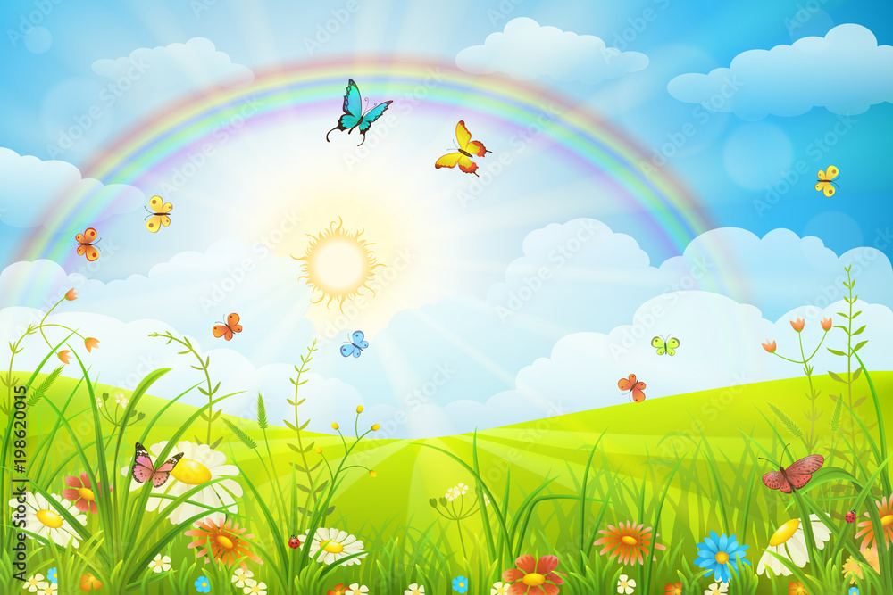 绿草、鲜花、蝴蝶和彩虹的夏日或春天场景