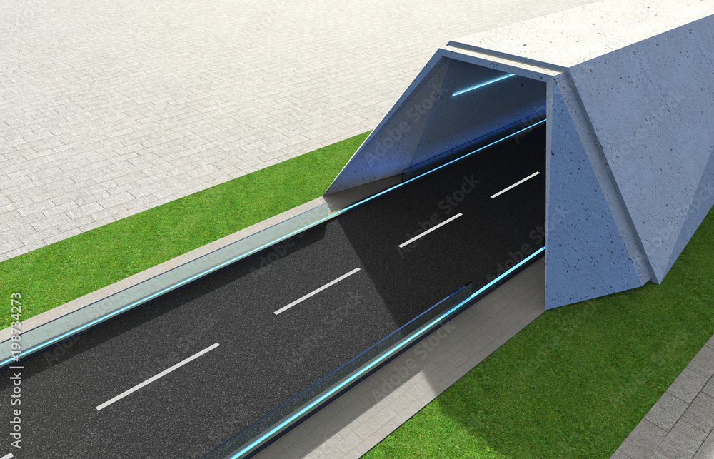 带隧道和绿地的3d渲染道路，顶角鸟瞰图。