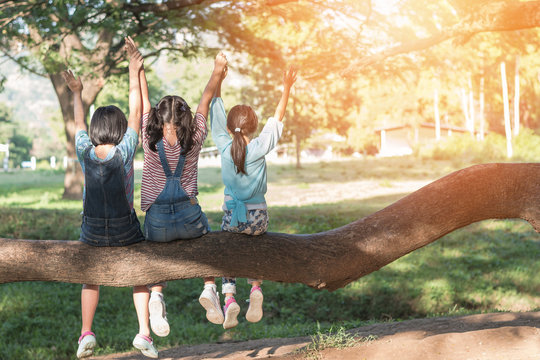 儿童友谊概念与公园里快乐的女孩坐在树下玩得很开心