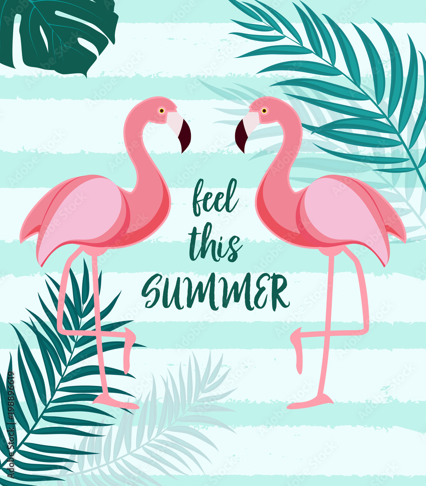 粉色火烈鸟的可爱夏天抽象背景。感受这个夏天。矢量插图