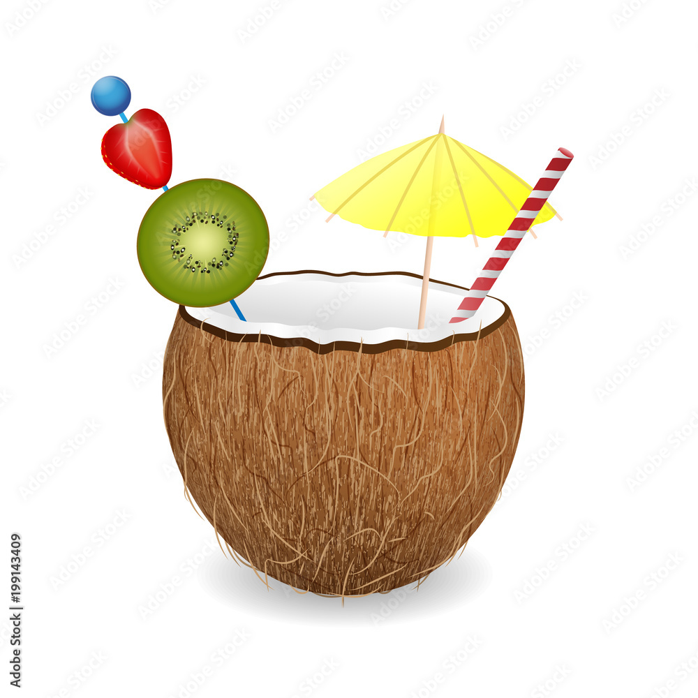 带装饰的椰子鸡尾酒。椰子鸡尾酒，吸管，雨伞，棍子，水果。Reali