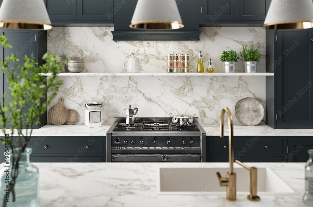 Cucina moderna realistica，legno e marmo最小设计，渲染3d