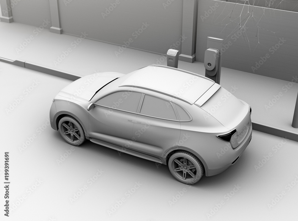 电动SUV在街道充电站充电的粘土渲染图。3D渲染图。
