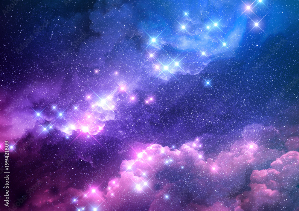 抽象的粉红色和蓝色星系背景中充满了明亮的恒星。光栅插图。