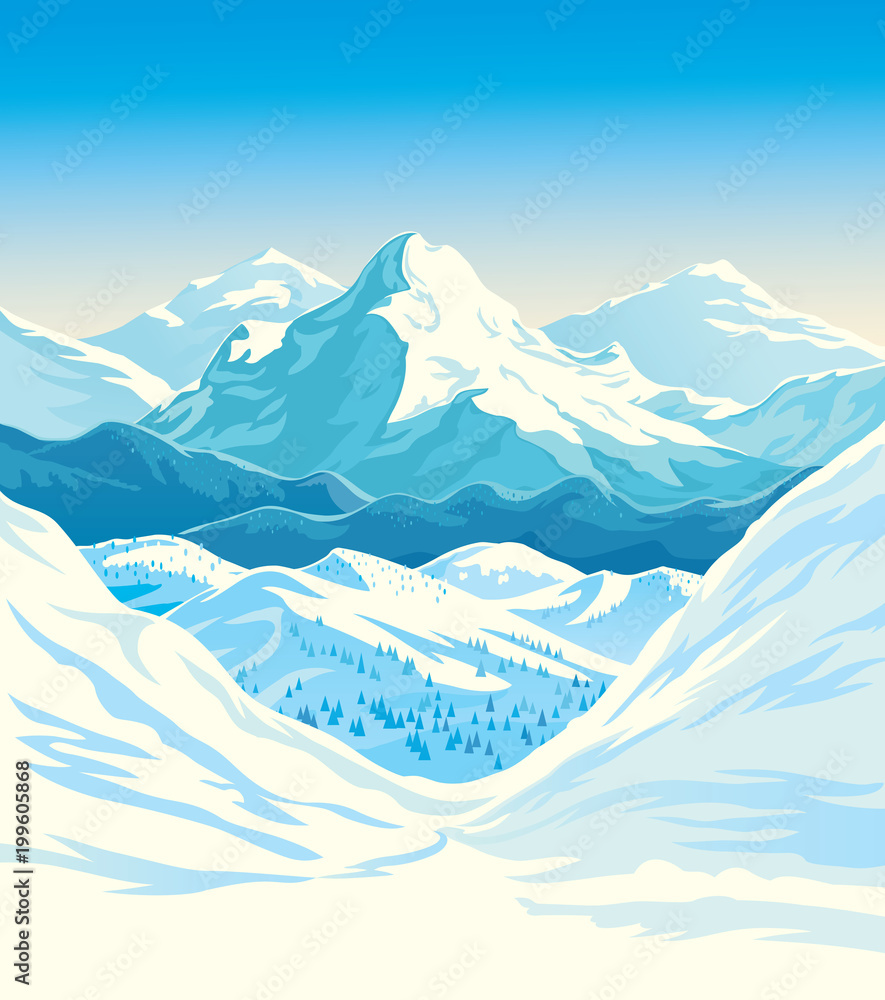冬季山脉景观，边缘有陡峭的斜坡。矢量插图。