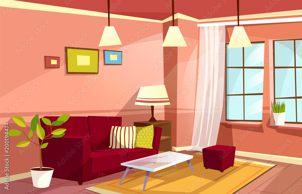 矢量卡通客厅室内背景模板。舒适的房子公寓概念。插图