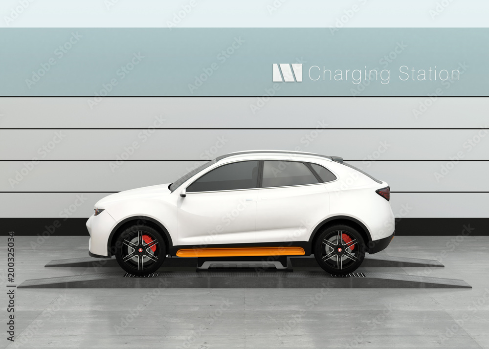 电动SUV汽车在电池交换站交换电池。快速电池交换解决方案。3D r