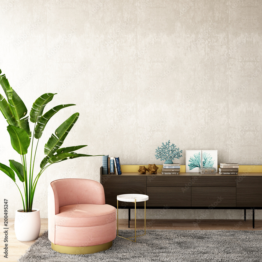 客厅或接待处的室内设计，灰色地毯、扶手椅、植物、木地板上的橱柜