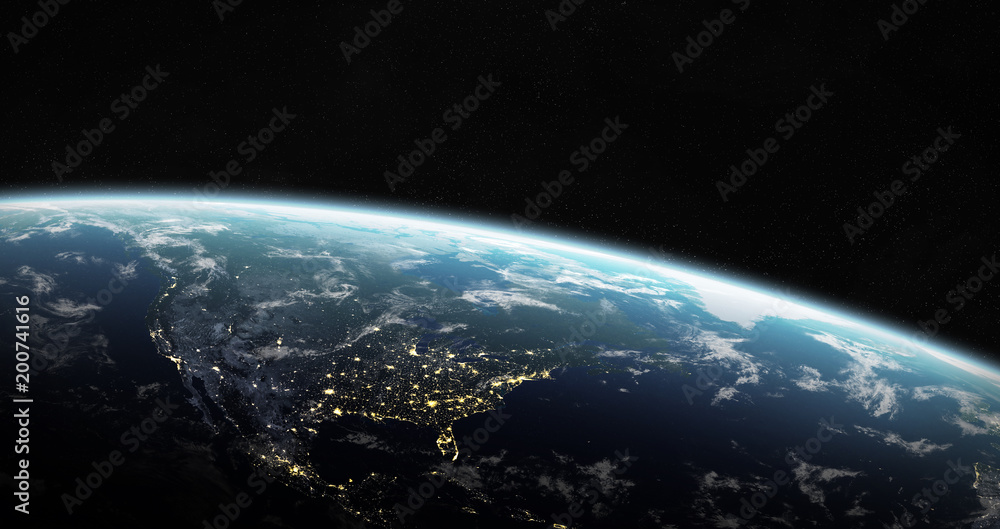太空中蓝色星球地球的视图，这张图片的3D渲染元素由NASA提供