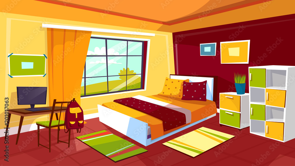青少年女孩或男孩房间室内背景的卧室矢量插图。卡通平面设计