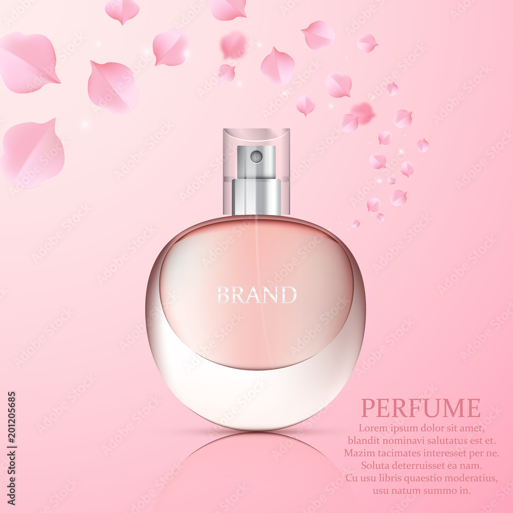 抽象花卉背景下的逼真香水瓶，矢量海报设计