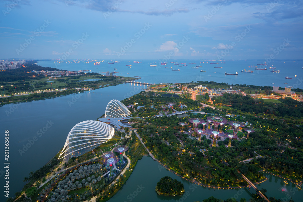 新加坡滨海湾附近的新加坡花园夜间鸟瞰图。