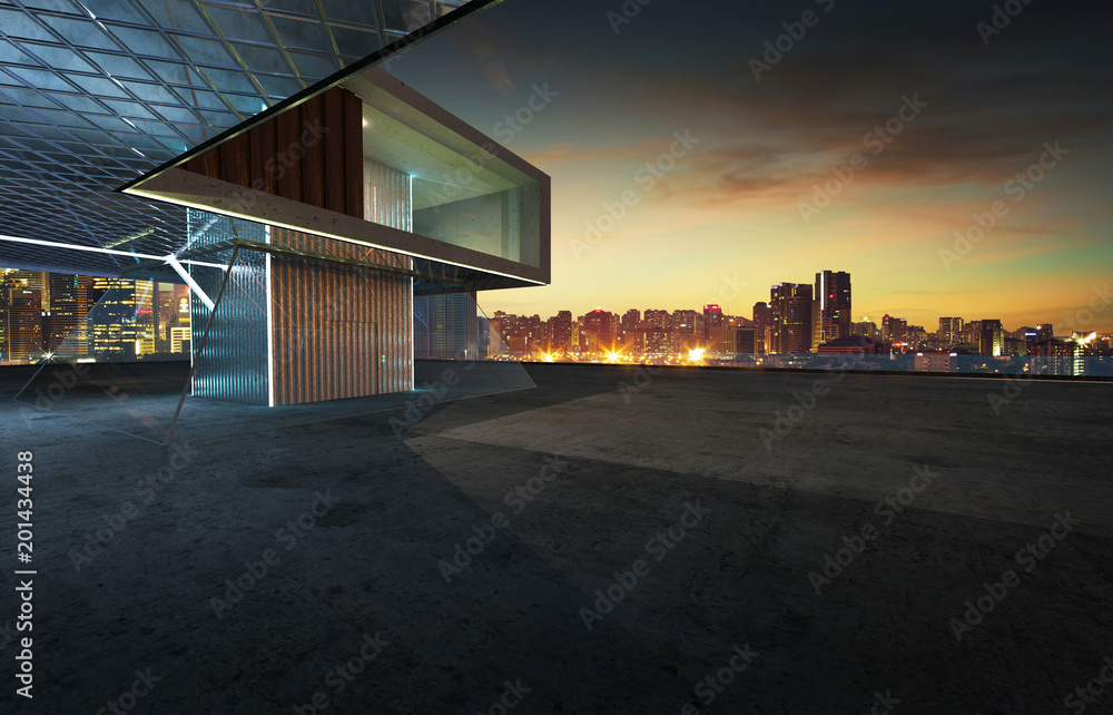 空水泥地面透视图，钢和玻璃现代建筑外部。3D渲染