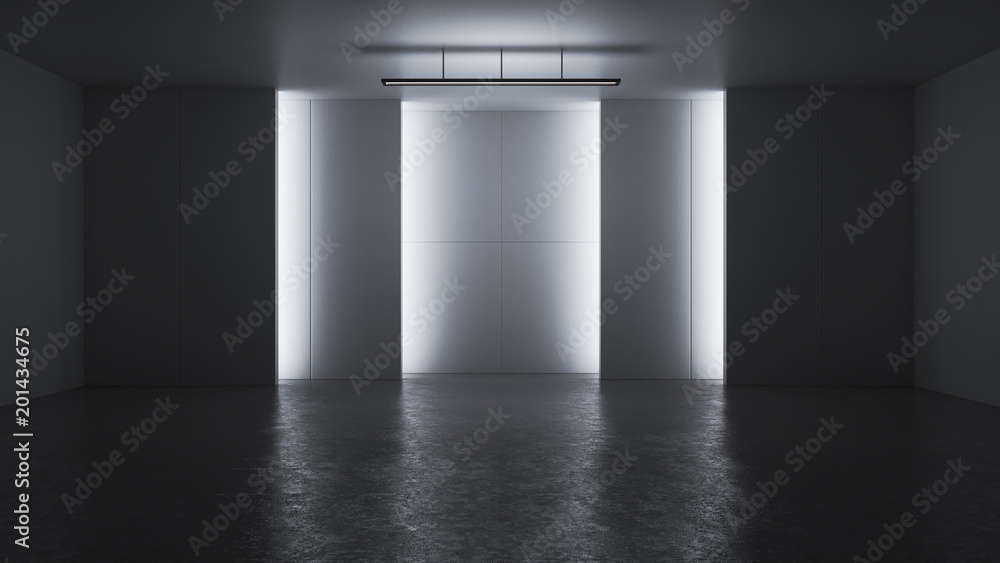 3D渲染极简主义和现代设计工作室房间空间背景，低调照明。