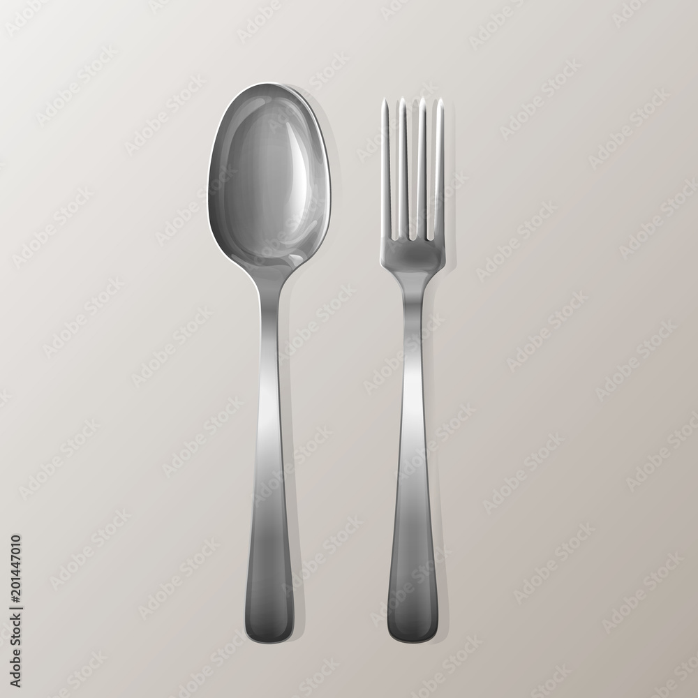 Vector逼真的叉子和勺子。银色厨房不锈钢餐具套装。餐厅餐具模型