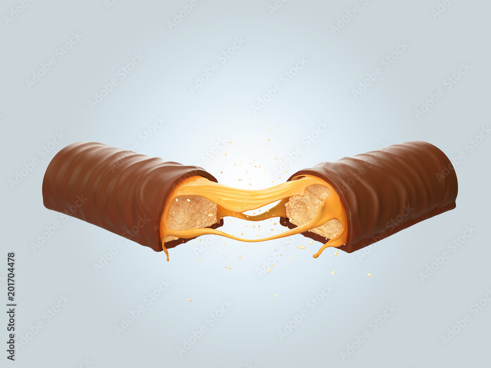 带焦糖的碎巧克力棒或可可脆饼包括Clipping path三维插图。