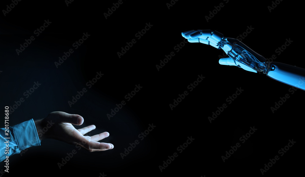 白色半机械人的手即将触摸人手3D渲染