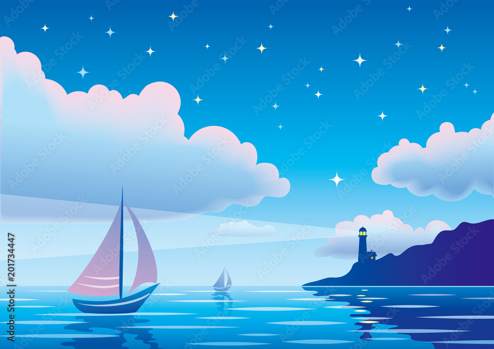 矢量黄昏海景，帆船、灯塔和星空中的云朵