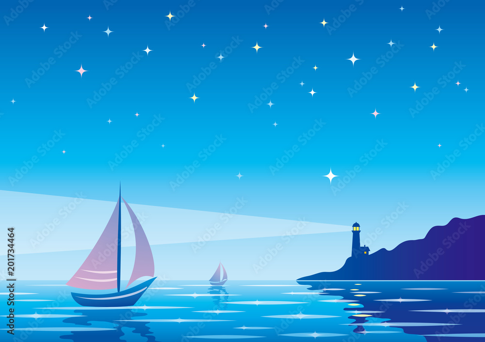 矢量黄昏海景，帆船、灯塔和晴朗的星空