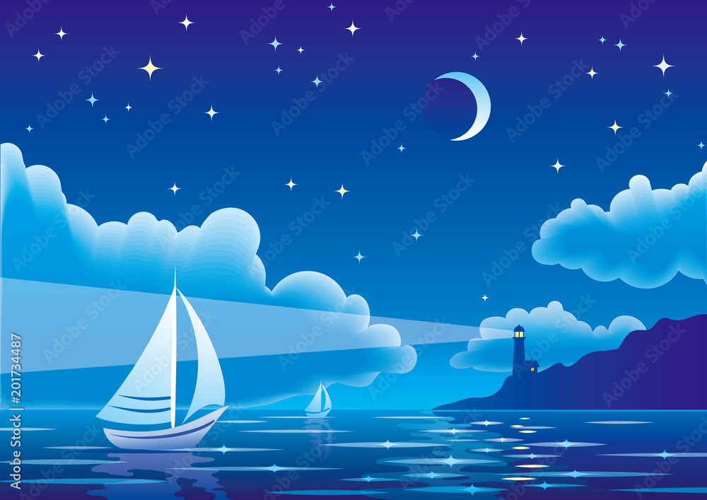 带帆船和灯塔的矢量夜景