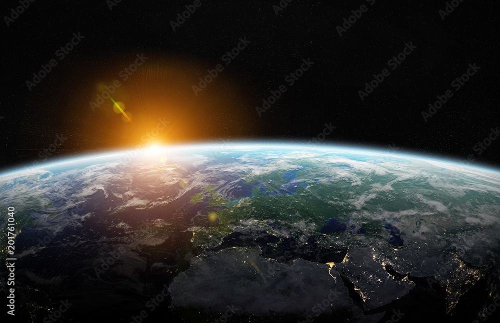 美国国家航空航天局提供的蓝色行星地球在太空中的3D渲染元素视图