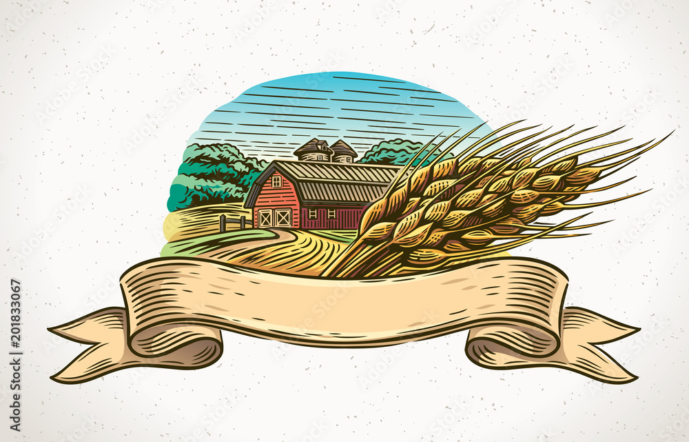 前景中有一捆小麦和一个设计元素-胶带的农场图解