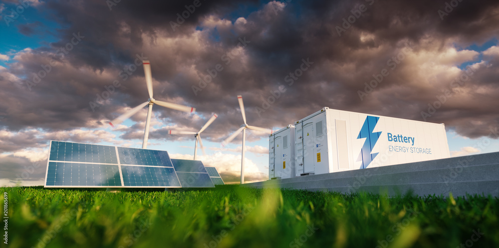 储能系统的概念。可再生能源-光伏、风力涡轮机和锂离子电池
