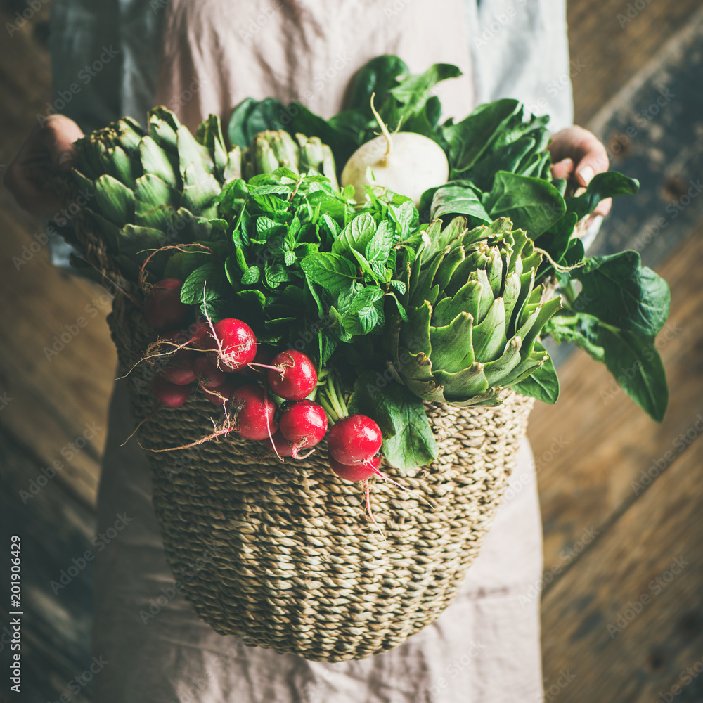 穿着亚麻围裙的女农民手里拿着一篮新鲜的花园蔬菜和绿色蔬菜，锈迹斑斑