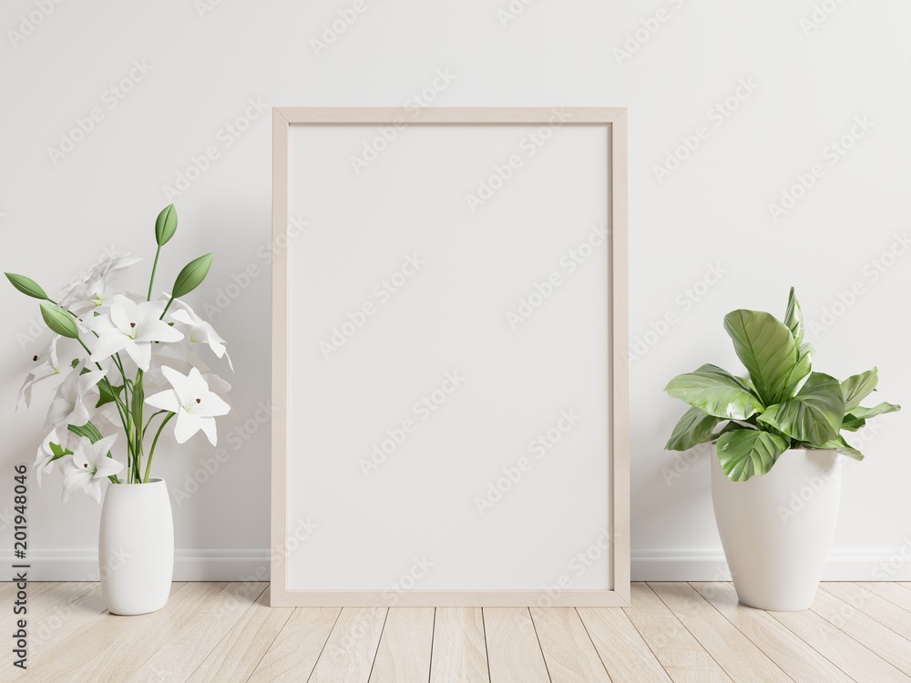 室内海报模型，带花盆，白色墙壁的房间里有花。3D渲染。