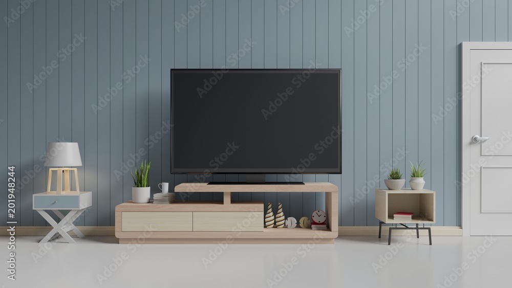 现代客厅橱柜上的电视，蓝色墙背景，3d渲染