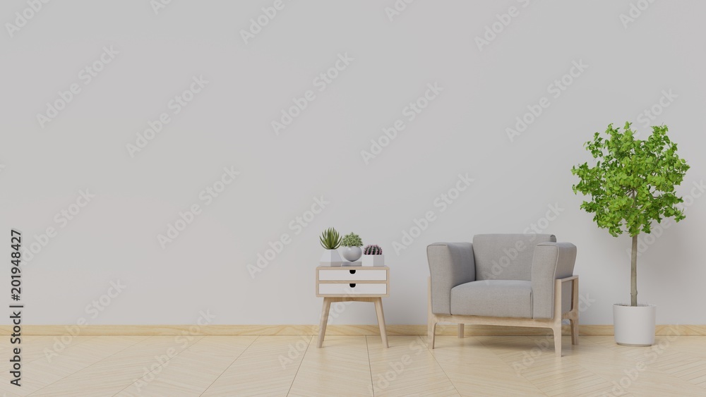 客厅内部配有天鹅绒扶手椅，白色墙壁背景上有书籍的橱柜。3D效果图