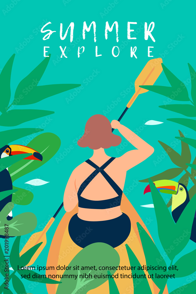 女人在夏天用皮划艇探索热带运河丛林。夏季自然探索概念，vecto