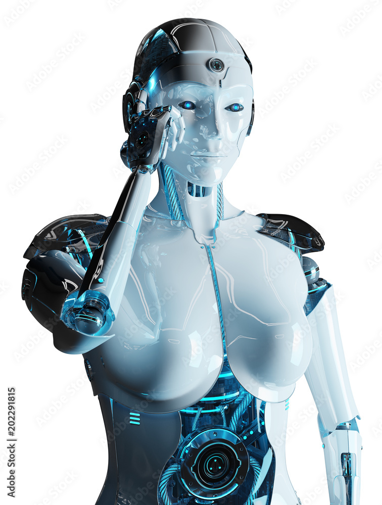 白人女性半机械人思考和触摸她的头部3D渲染