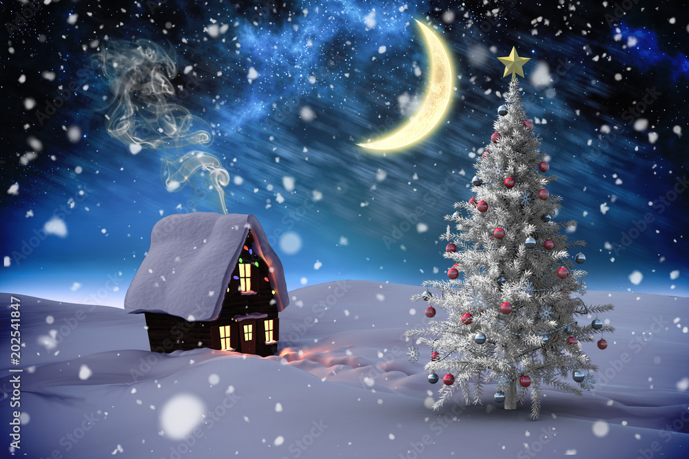 蓝色极光夜空下的圣诞树和房子的合成图像