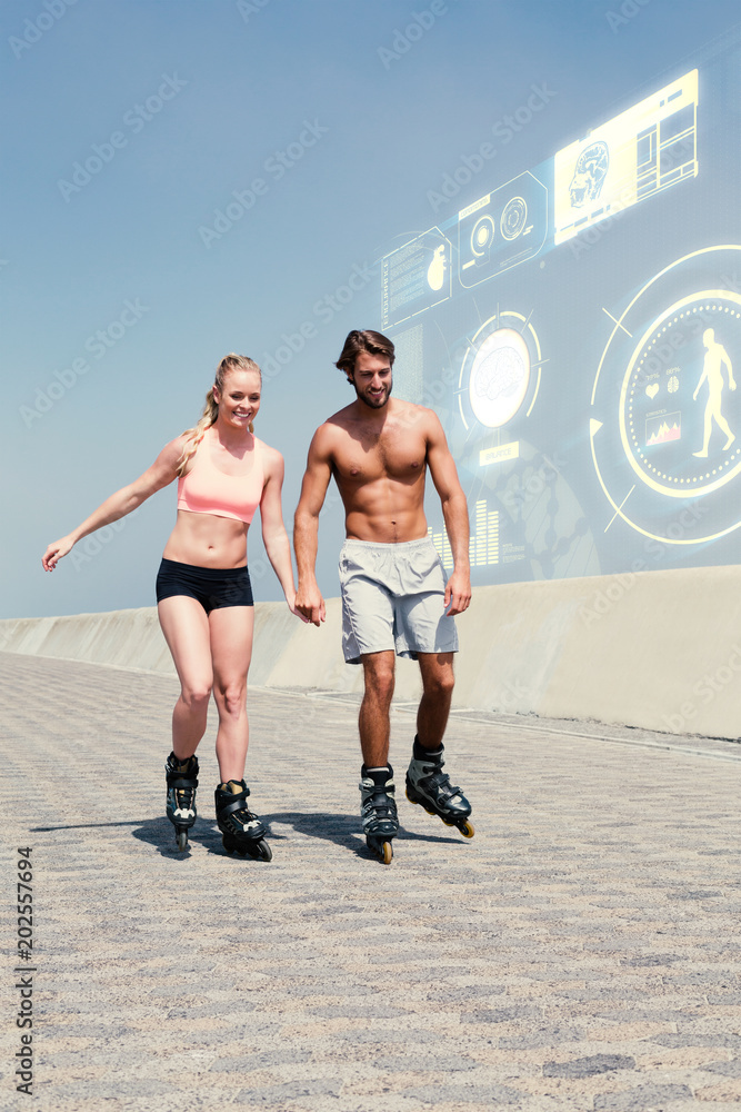 在海滨大道上与健身界面搭配双人滑旱冰
