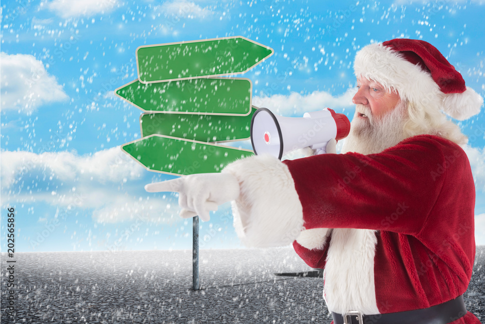 圣诞老人指着什么东西，用扩音器对着空路标的插图