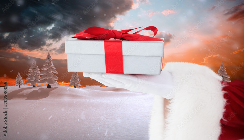 圣诞老人用红丝带展示礼物，背景是冷杉树的雪景