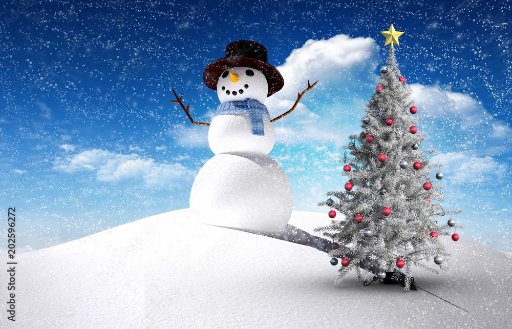 蓝天下的圣诞树和雪人与雪景的合成图像