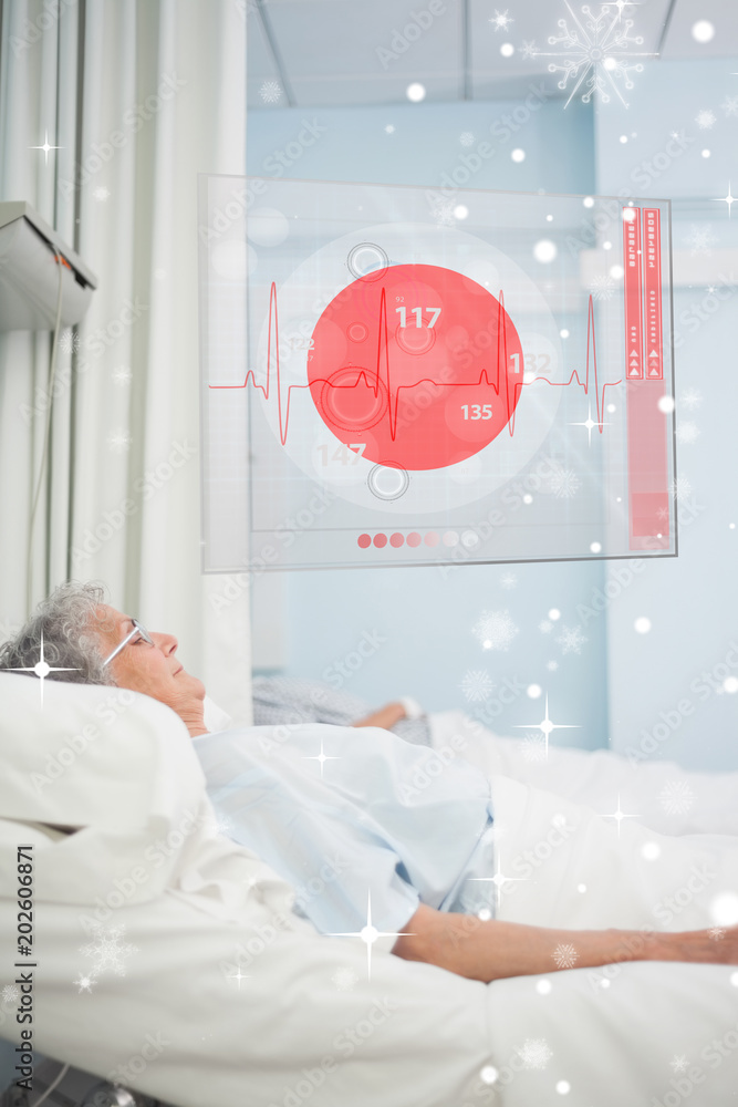 患者躺在病床上，在下雪的情况下显示未来的心电图数据