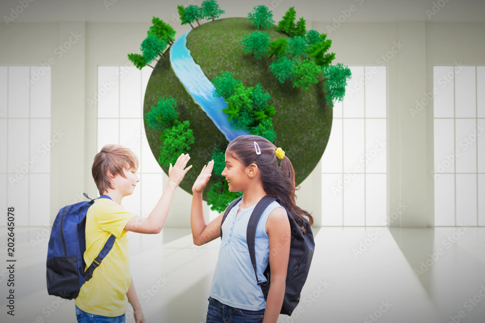 教室里漂浮着树，学生们背靠地球
