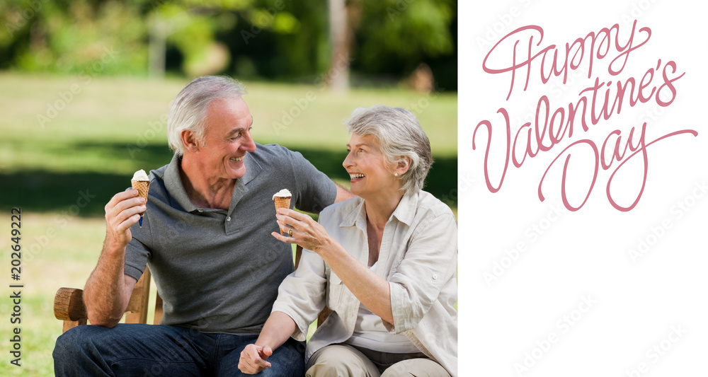 老年夫妇在长椅上吃冰淇淋，反对可爱的情人节信息