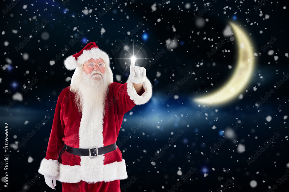 圣诞老人指着夜空中的新月
