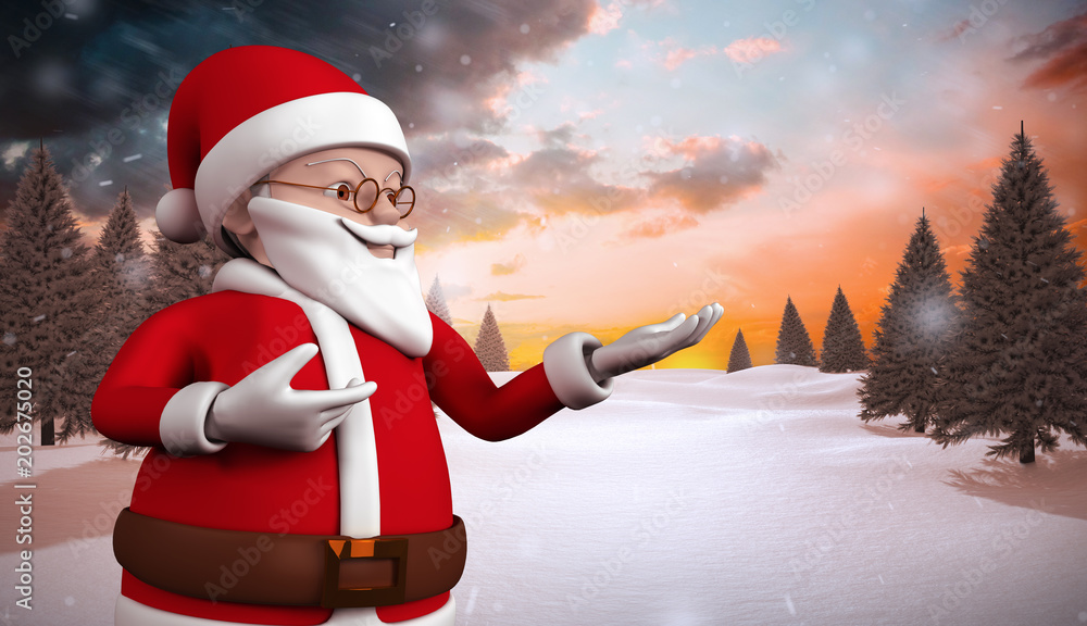 可爱的卡通圣诞老人与冷杉树的雪景对抗
