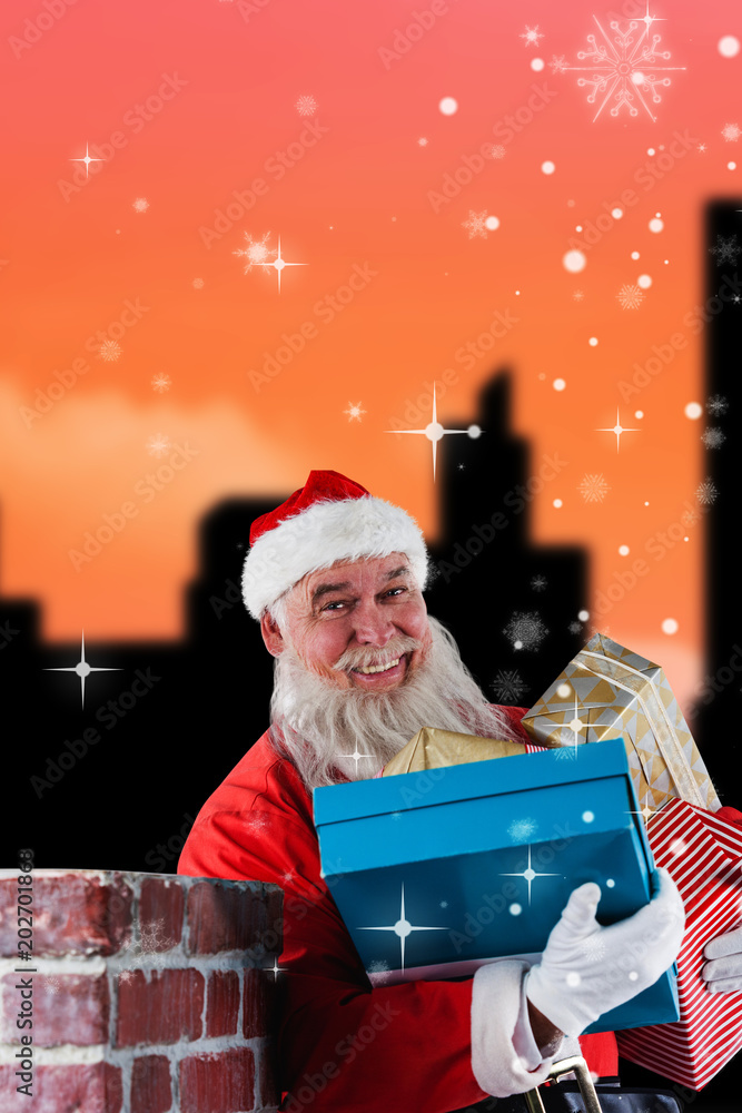 圣诞老人携带各种礼物反对城市景观设计的肖像