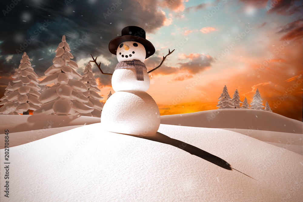 橙色和蓝色天空中的雪人与云朵的合成图像