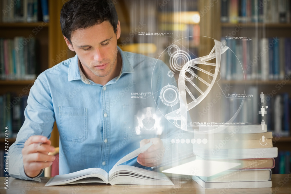 针对在图书馆书桌上学习的严重成熟学生的DNA插图