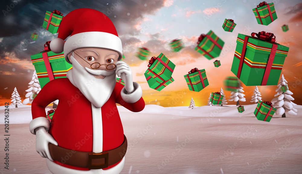 可爱的卡通圣诞老人与冷杉树映衬的雪景