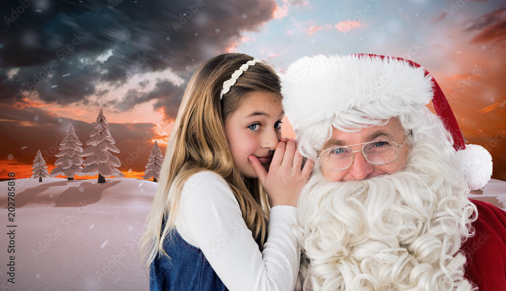 圣诞老人在冷杉树的雪地里听小女孩说话