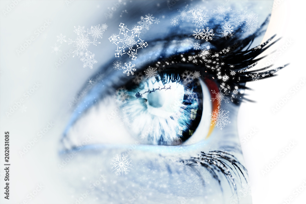 落雪的女性蓝眼睛特写合成图像