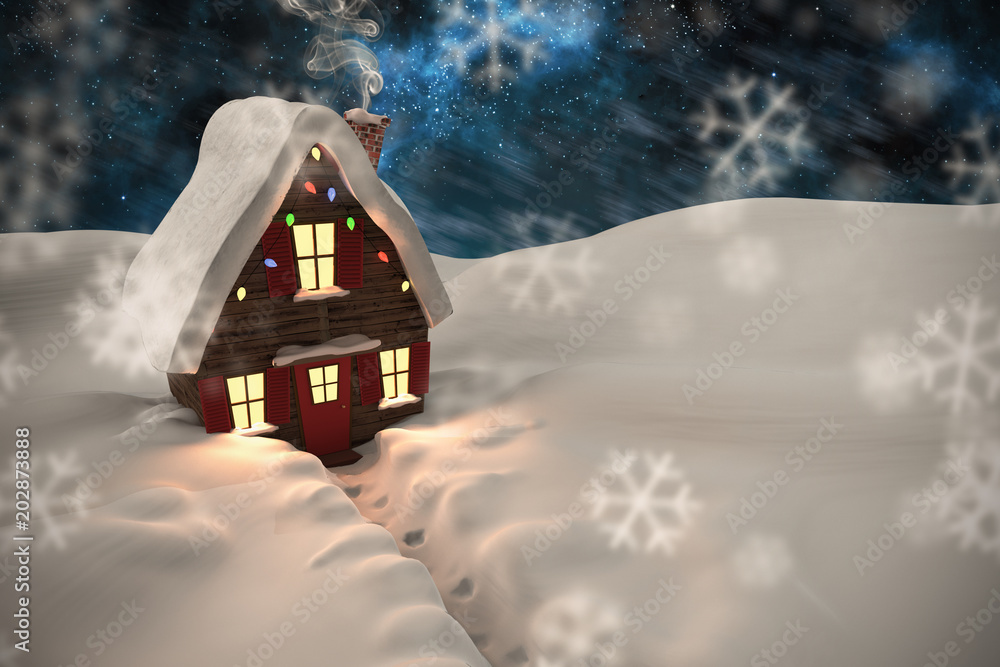 蓝色极光夜空下的圣诞屋合成图像